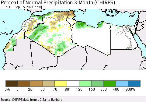 North Africa Percent of Normal Precipitation 3-Month (CHIRPS) Thematic Map For 6/16/2023 - 9/15/2023