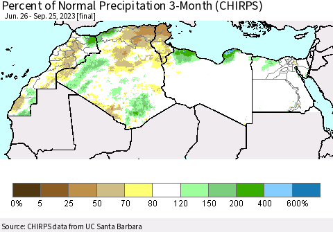 North Africa Percent of Normal Precipitation 3-Month (CHIRPS) Thematic Map For 6/26/2023 - 9/25/2023