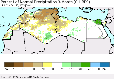 North Africa Percent of Normal Precipitation 3-Month (CHIRPS) Thematic Map For 7/21/2023 - 10/20/2023