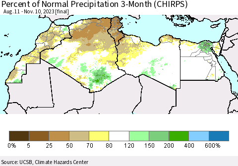 North Africa Percent of Normal Precipitation 3-Month (CHIRPS) Thematic Map For 8/11/2023 - 11/10/2023