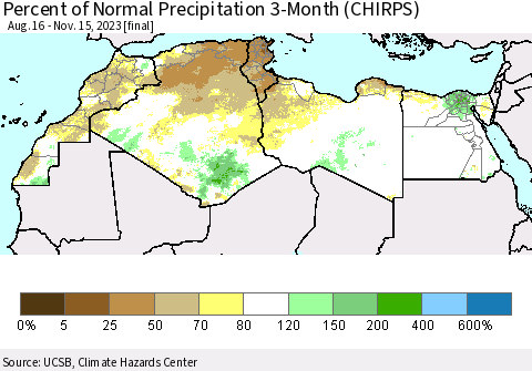 North Africa Percent of Normal Precipitation 3-Month (CHIRPS) Thematic Map For 8/16/2023 - 11/15/2023