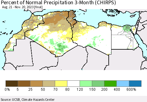 North Africa Percent of Normal Precipitation 3-Month (CHIRPS) Thematic Map For 8/21/2023 - 11/20/2023