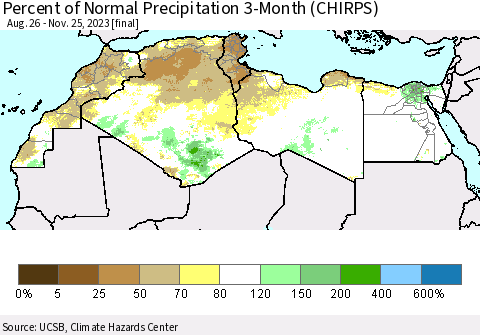 North Africa Percent of Normal Precipitation 3-Month (CHIRPS) Thematic Map For 8/26/2023 - 11/25/2023