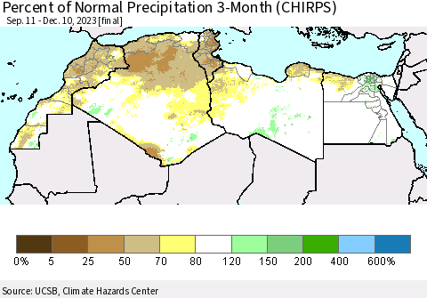 North Africa Percent of Normal Precipitation 3-Month (CHIRPS) Thematic Map For 9/11/2023 - 12/10/2023