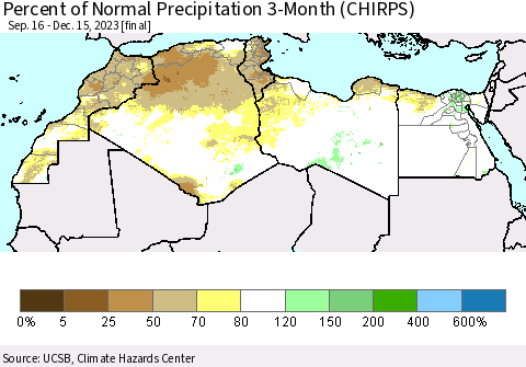 North Africa Percent of Normal Precipitation 3-Month (CHIRPS) Thematic Map For 9/16/2023 - 12/15/2023
