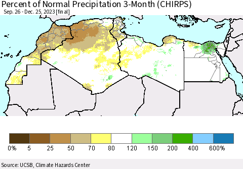 North Africa Percent of Normal Precipitation 3-Month (CHIRPS) Thematic Map For 9/26/2023 - 12/25/2023