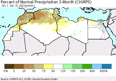 North Africa Percent of Normal Precipitation 3-Month (CHIRPS) Thematic Map For 10/1/2023 - 12/31/2023