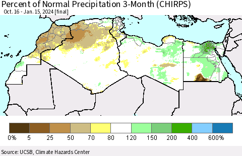 North Africa Percent of Normal Precipitation 3-Month (CHIRPS) Thematic Map For 10/16/2023 - 1/15/2024