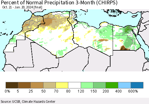 North Africa Percent of Normal Precipitation 3-Month (CHIRPS) Thematic Map For 10/21/2023 - 1/20/2024