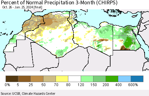 North Africa Percent of Normal Precipitation 3-Month (CHIRPS) Thematic Map For 10/26/2023 - 1/25/2024