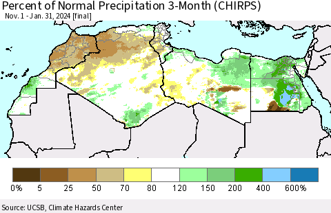 North Africa Percent of Normal Precipitation 3-Month (CHIRPS) Thematic Map For 11/1/2023 - 1/31/2024