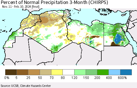 North Africa Percent of Normal Precipitation 3-Month (CHIRPS) Thematic Map For 11/11/2023 - 2/10/2024