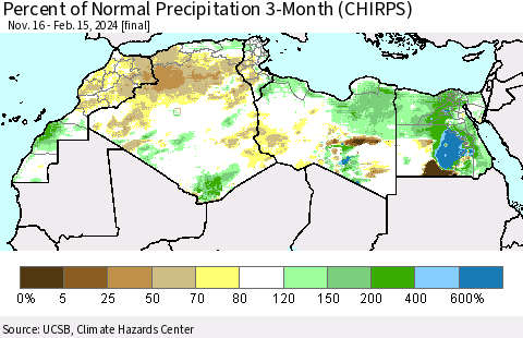North Africa Percent of Normal Precipitation 3-Month (CHIRPS) Thematic Map For 11/16/2023 - 2/15/2024