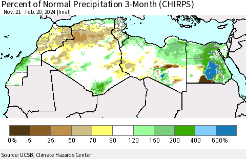 North Africa Percent of Normal Precipitation 3-Month (CHIRPS) Thematic Map For 11/21/2023 - 2/20/2024
