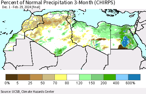 North Africa Percent of Normal Precipitation 3-Month (CHIRPS) Thematic Map For 12/1/2023 - 2/29/2024