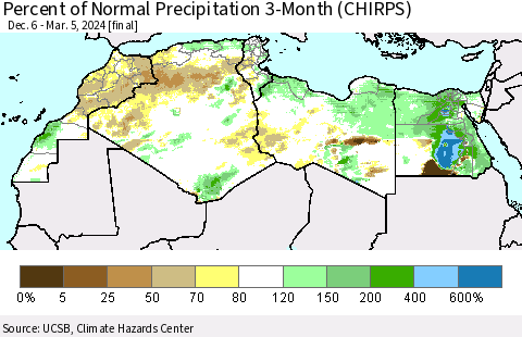 North Africa Percent of Normal Precipitation 3-Month (CHIRPS) Thematic Map For 12/6/2023 - 3/5/2024