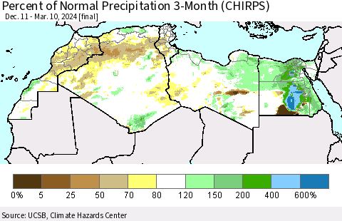 North Africa Percent of Normal Precipitation 3-Month (CHIRPS) Thematic Map For 12/11/2023 - 3/10/2024