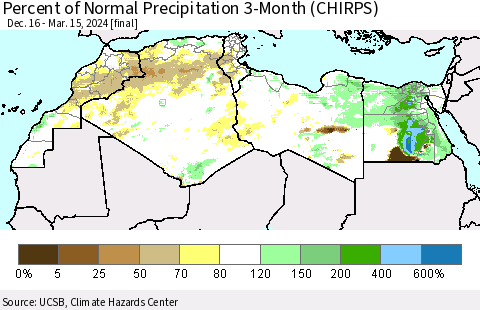 North Africa Percent of Normal Precipitation 3-Month (CHIRPS) Thematic Map For 12/16/2023 - 3/15/2024