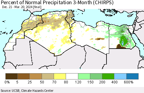 North Africa Percent of Normal Precipitation 3-Month (CHIRPS) Thematic Map For 12/21/2023 - 3/20/2024