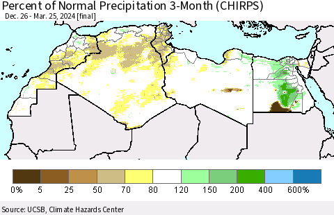 North Africa Percent of Normal Precipitation 3-Month (CHIRPS) Thematic Map For 12/26/2023 - 3/25/2024