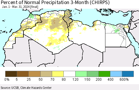 North Africa Percent of Normal Precipitation 3-Month (CHIRPS) Thematic Map For 1/1/2024 - 3/31/2024