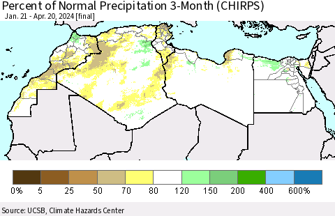 North Africa Percent of Normal Precipitation 3-Month (CHIRPS) Thematic Map For 1/21/2024 - 4/20/2024
