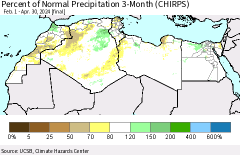 North Africa Percent of Normal Precipitation 3-Month (CHIRPS) Thematic Map For 2/1/2024 - 4/30/2024
