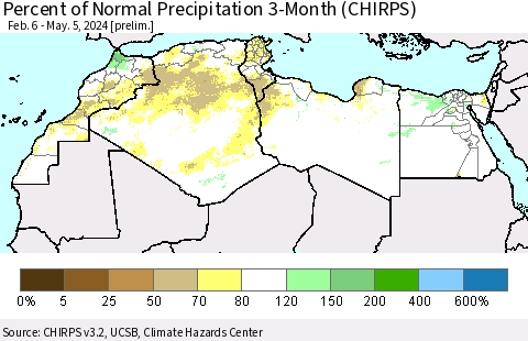 North Africa Percent of Normal Precipitation 3-Month (CHIRPS) Thematic Map For 2/6/2024 - 5/5/2024