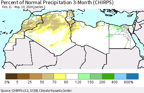North Africa Percent of Normal Precipitation 3-Month (CHIRPS) Thematic Map For 2/11/2024 - 5/10/2024