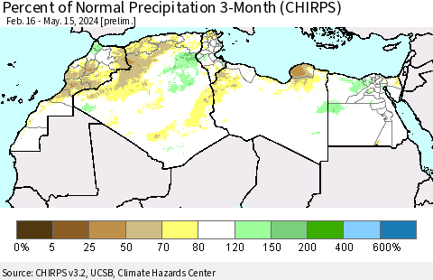 North Africa Percent of Normal Precipitation 3-Month (CHIRPS) Thematic Map For 2/16/2024 - 5/15/2024