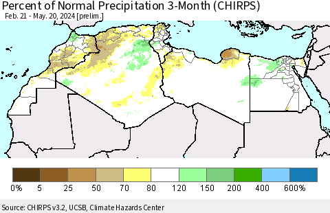 North Africa Percent of Normal Precipitation 3-Month (CHIRPS) Thematic Map For 2/21/2024 - 5/20/2024