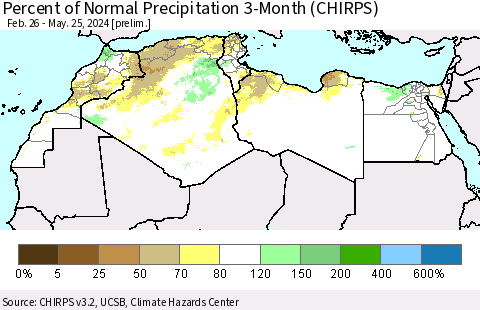 North Africa Percent of Normal Precipitation 3-Month (CHIRPS) Thematic Map For 2/26/2024 - 5/25/2024