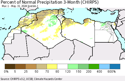 North Africa Percent of Normal Precipitation 3-Month (CHIRPS) Thematic Map For 3/1/2024 - 5/31/2024