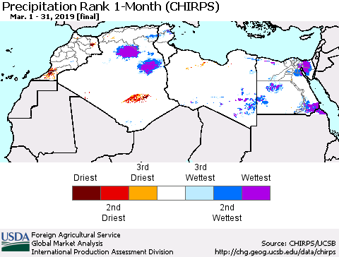 North Africa Precipitation Rank since 1981, 1-Month (CHIRPS) Thematic Map For 3/1/2019 - 3/31/2019