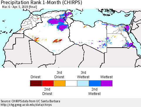 North Africa Precipitation Rank since 1981, 1-Month (CHIRPS) Thematic Map For 3/6/2019 - 4/5/2019