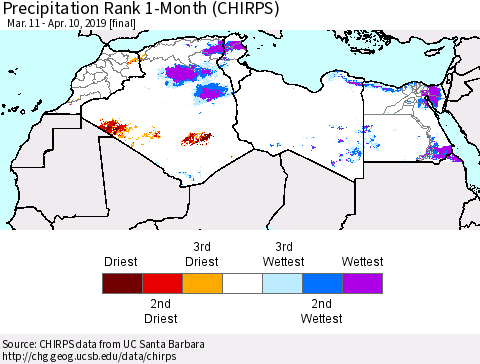 North Africa Precipitation Rank since 1981, 1-Month (CHIRPS) Thematic Map For 3/11/2019 - 4/10/2019