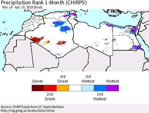 North Africa Precipitation Rank since 1981, 1-Month (CHIRPS) Thematic Map For 3/16/2019 - 4/15/2019