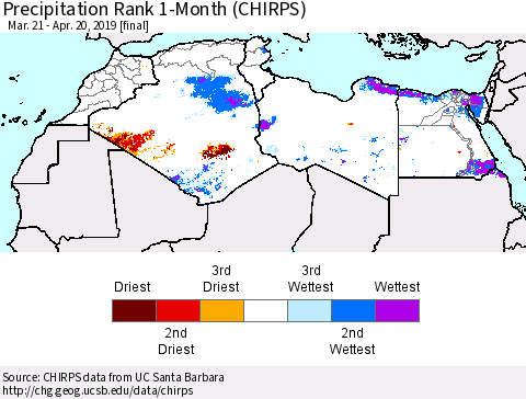 North Africa Precipitation Rank since 1981, 1-Month (CHIRPS) Thematic Map For 3/21/2019 - 4/20/2019