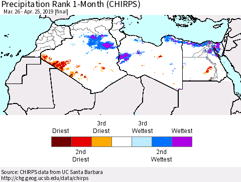 North Africa Precipitation Rank since 1981, 1-Month (CHIRPS) Thematic Map For 3/26/2019 - 4/25/2019