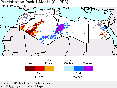North Africa Precipitation Rank since 1981, 1-Month (CHIRPS) Thematic Map For 4/1/2019 - 4/30/2019