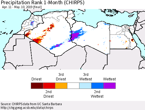 North Africa Precipitation Rank since 1981, 1-Month (CHIRPS) Thematic Map For 4/11/2019 - 5/10/2019