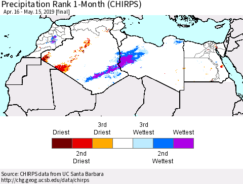 North Africa Precipitation Rank since 1981, 1-Month (CHIRPS) Thematic Map For 4/16/2019 - 5/15/2019