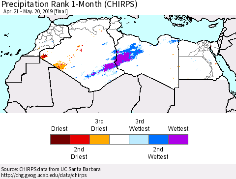 North Africa Precipitation Rank since 1981, 1-Month (CHIRPS) Thematic Map For 4/21/2019 - 5/20/2019