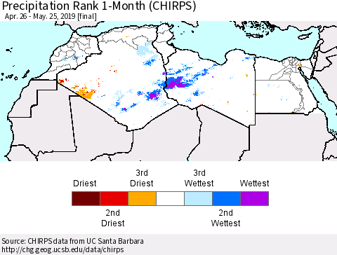 North Africa Precipitation Rank since 1981, 1-Month (CHIRPS) Thematic Map For 4/26/2019 - 5/25/2019