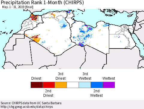 North Africa Precipitation Rank since 1981, 1-Month (CHIRPS) Thematic Map For 5/1/2019 - 5/31/2019