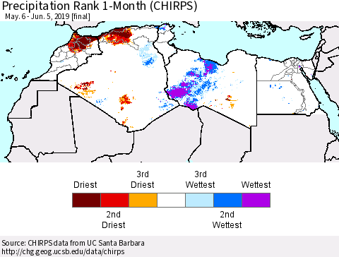 North Africa Precipitation Rank since 1981, 1-Month (CHIRPS) Thematic Map For 5/6/2019 - 6/5/2019