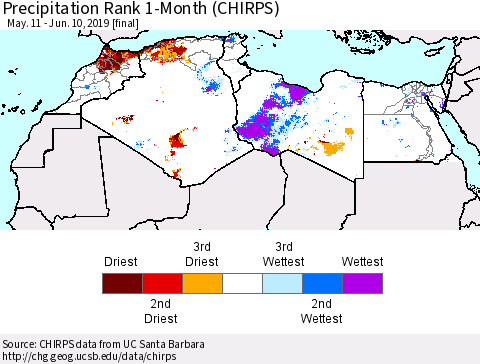 North Africa Precipitation Rank since 1981, 1-Month (CHIRPS) Thematic Map For 5/11/2019 - 6/10/2019