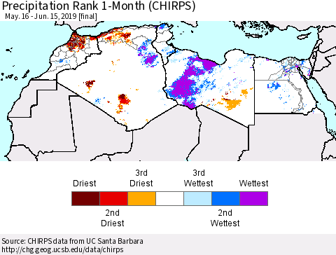 North Africa Precipitation Rank since 1981, 1-Month (CHIRPS) Thematic Map For 5/16/2019 - 6/15/2019