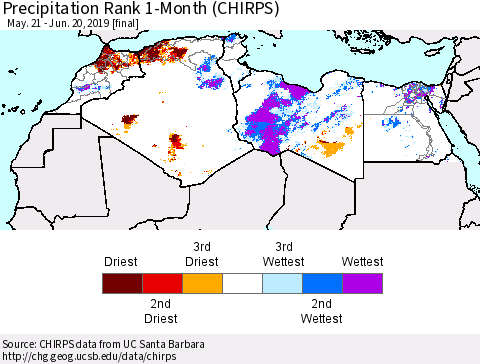 North Africa Precipitation Rank since 1981, 1-Month (CHIRPS) Thematic Map For 5/21/2019 - 6/20/2019