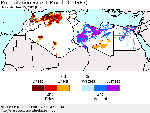 North Africa Precipitation Rank since 1981, 1-Month (CHIRPS) Thematic Map For 5/26/2019 - 6/25/2019
